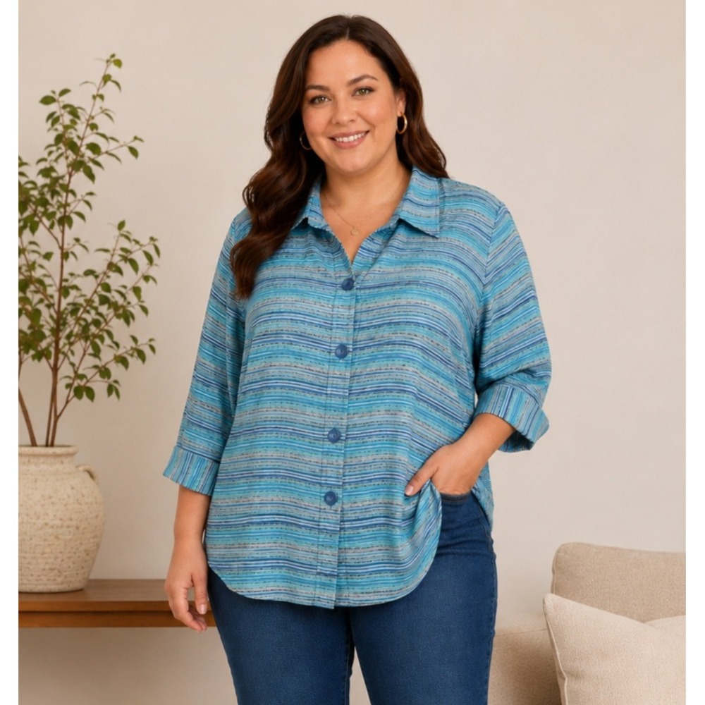 Vintage Y2K Austin Reed Silk Blend Shirt Women 16W Blue‎ Metalic Striped
